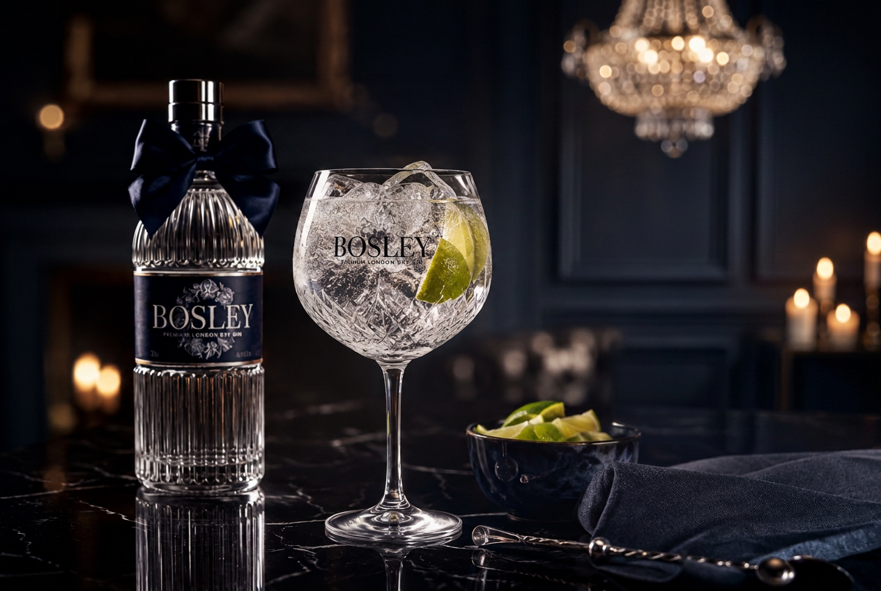 The Bosley bottle beside a crystal balloon glass of gin and tonic with fresh lime wedges on black marble
