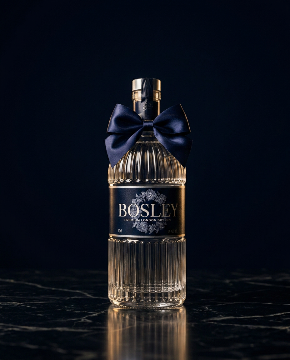 Bosley Premium London Dry Gin, a single bottle with its deep navy satin bow, lit as a still life on dark veined marble